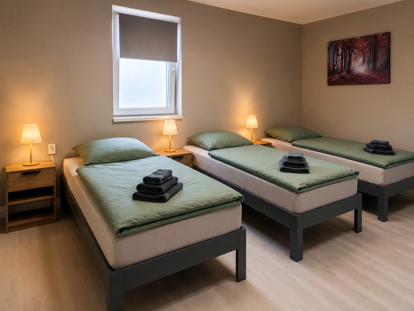 Modernes Dreibettzimmer der HK Vermietung in Brieselang mit drei Einzelbetten – komfortable Monteurunterkunft nahe Berlin und Falkensee.
