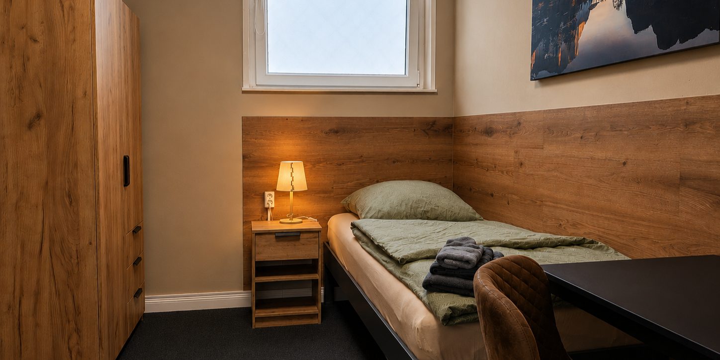 Modern eingerichtetes Einzelzimmer der HK Vermietung in Brieselang für Monteure, Geschäftsreisende und Handwerker nahe Berlin.
