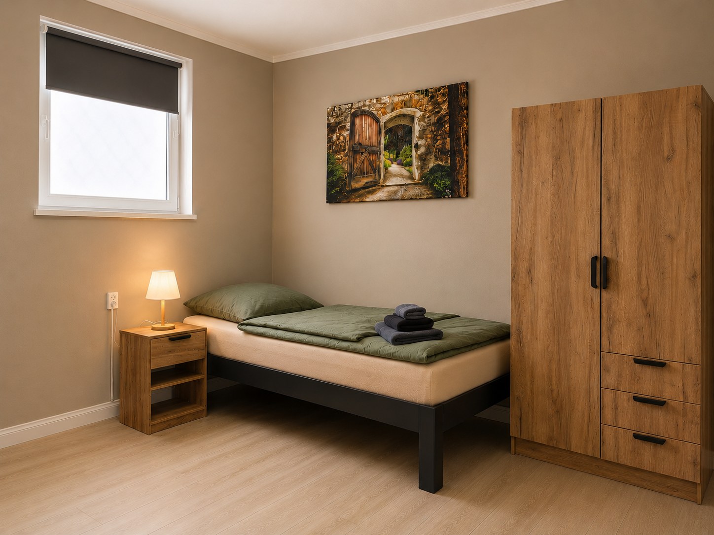 Gemütliches Gästezimmer der HK Vermietung in Brieselang mit Einzelbett, Nachttisch und moderner Einrichtung.