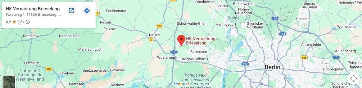 Google Maps Karte mit dem Standort der HK Vermietung in Brieselang nahe Berlin und der Anfahrtsroute zur Unterkunft.